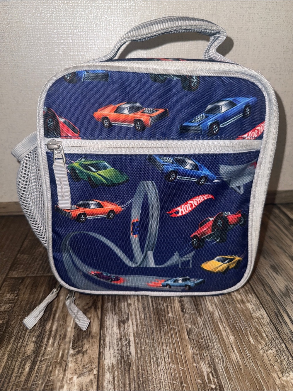 Pottery Barn Kids Navy Lunch Tote with Multicolor Race Car Print